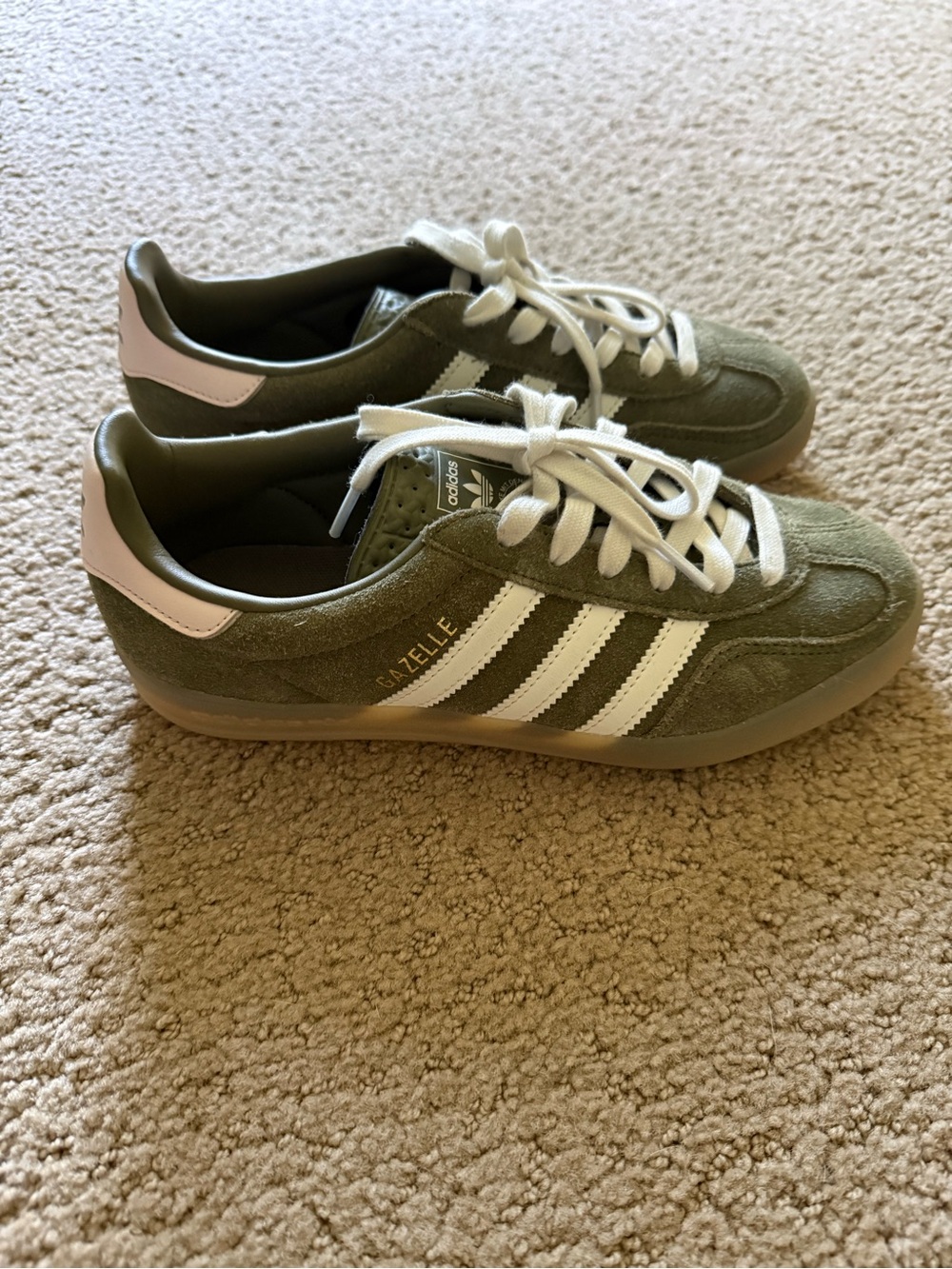 adidas Gazelle Olive Suede Sneakers with Pink Heel Accent